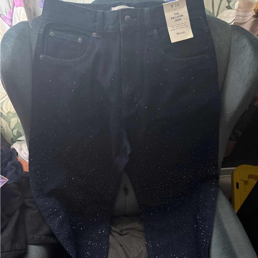 Madewell Dark Blue Slim Straight Jeans with Subtle Rhinestones